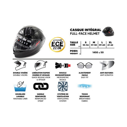 FRV black full face helmet (size S to XL) Approved